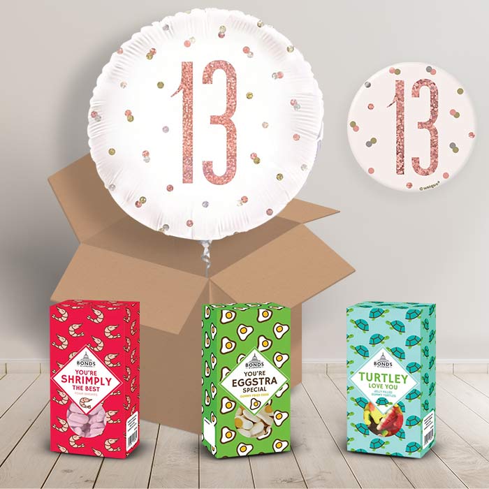 13th Birthday Sweet Box and Inflated Helium Balloon Gift Package in Rose Gold image 2